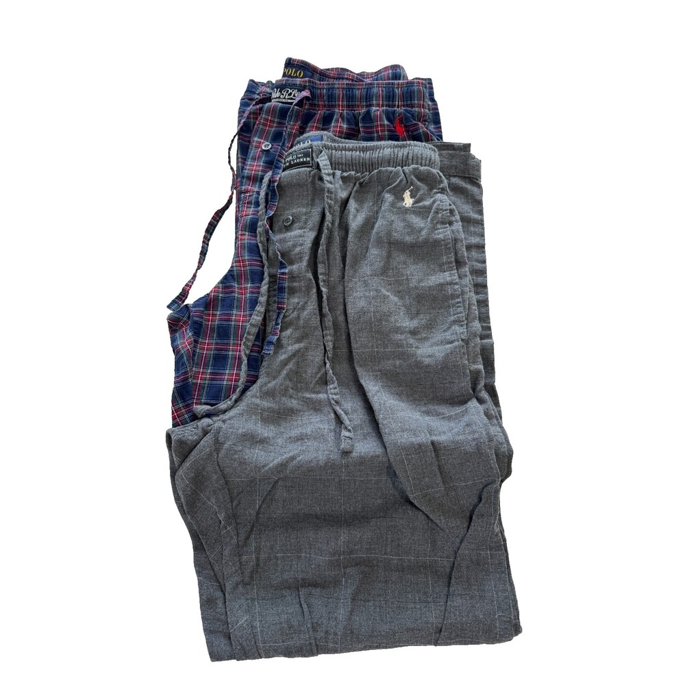 2 POLO Ralph Lauren Pajama Sleep Pants Men's Small Gray Flannel + Blue Red Plaid
